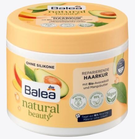 Balea Natural Beauty atkopjoša matu maska ar organisko avokado eļļu un mango sviestu, 300 ml