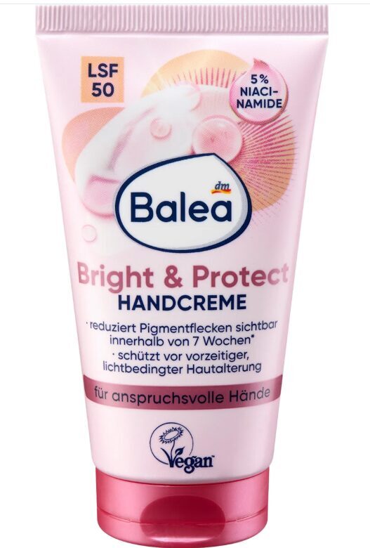 Balea roku krēms Bright & Protect SPF 50, pret pigmentu plankumiem, 75 ml