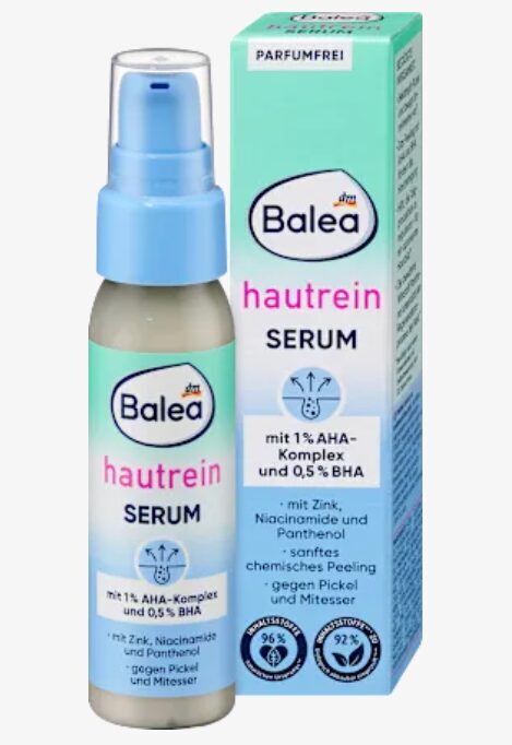 Balea Hautrein serums, pretpūtīšu līdzeklis, ķīmiskais pīlings ar 1% AHA kompleksu un 0,5% BHA ar cinku, niacinamīdu un pantenolu 30 ml