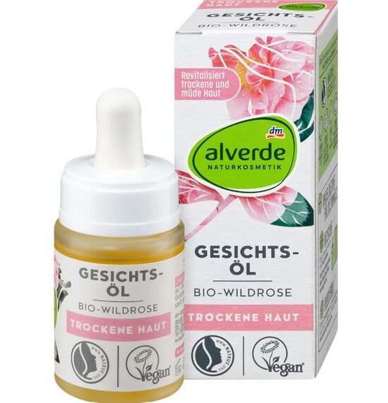 alverde dabas kosmētika, sejas eļļa Bio-Savvaļas roze, 15 ml, vegāns, sausai ādai