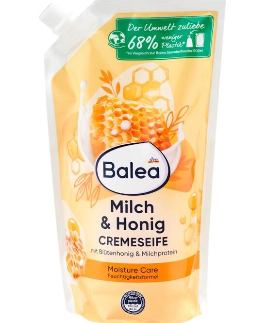 Balea krēmveida roku ziepes ar piena un medus aromātu atkārtotai uzpildīšanai, 500 ml