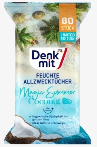 Denkmit mitrās universālās tīrīšanas salvetes magic Summer Coconut ar kokosriekstu aromātu, 80 gb