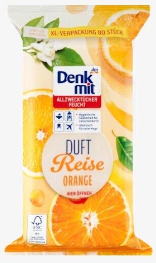 Denkmit mitrās universālās tīrīšanas salvetes Duftreise Orange ar apelsīnu aromātu, 80 gb