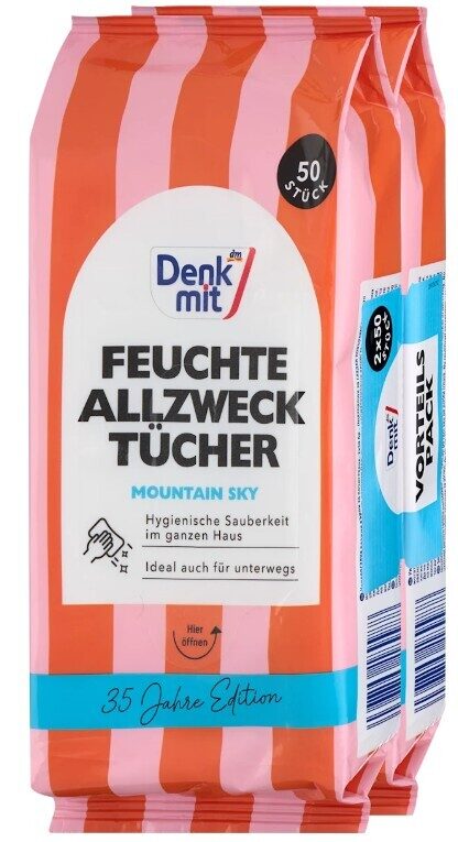 Denkmit mitrās universālās tīrīšanas salvetes Mountain Sky ar svaigu aromātu, 2x50 gb