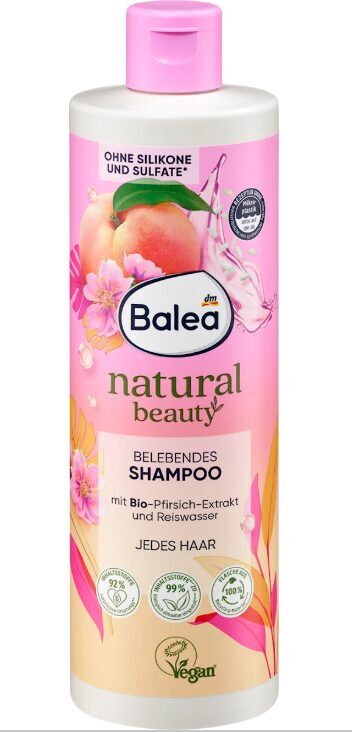 Balea natural beauty uzmundrinošs šampūns, ar persiku ekstraktu un rīsa ūdeni, 400 ml