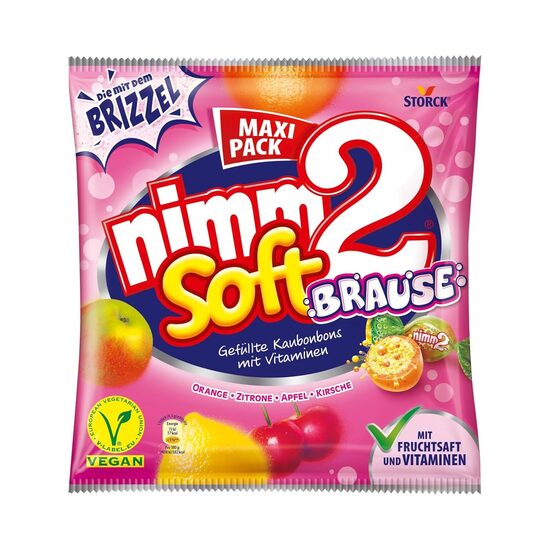 nimm2 Soft Brause putojošas un pildītas košļājamās konfektes ar augļu sulu un vitamīniem, 345g 