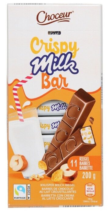 Choceur Knusper Milch Riegel šokolādes tāfelītes ar piena un lazdu riekstu krēma pildījumu un kraukšķu gabaliņiem, 200g