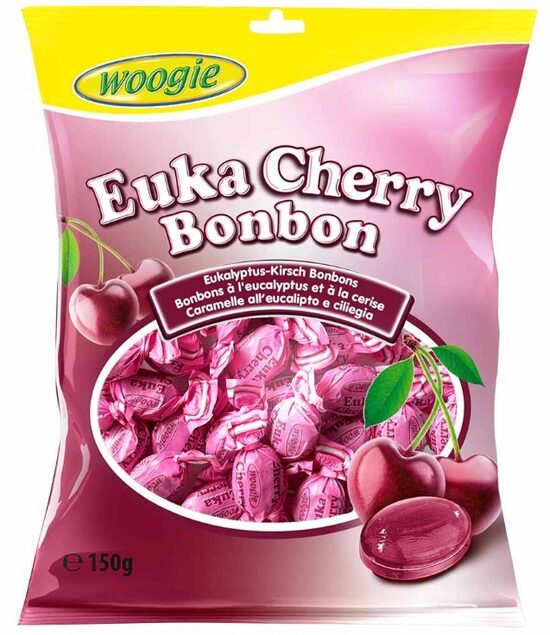 Woogie Euka Kirsche eikalipta ķiršu garšas karameles, 150 g