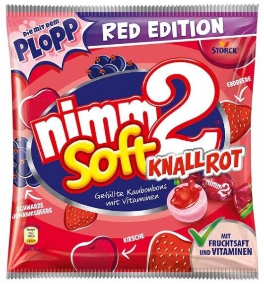 nimm2 soft Kanllrot pildītas košļajamās gumijas konfektes ar sarkno ogu garšu un ogu/augļu sulu un vitamīniem, 240 g