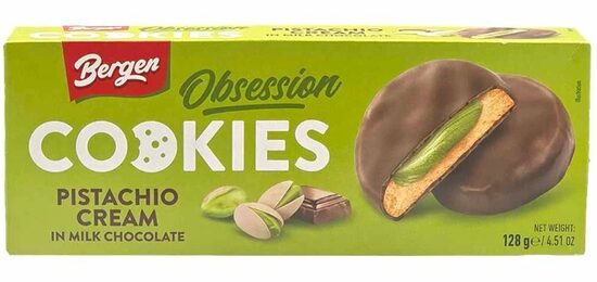 Bergen Obsession cepumi piena šokolādē ar pistācijas krēma pildījumu, 128g