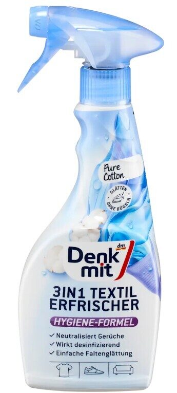 Denkmit 3in1 higiēnas-tekstila atsvaidzinātājs un krunku izlīdzinošs līdzeklis Pure Cotton tekstila izstrādājumiem, ar maigu aromātu, 500 ml