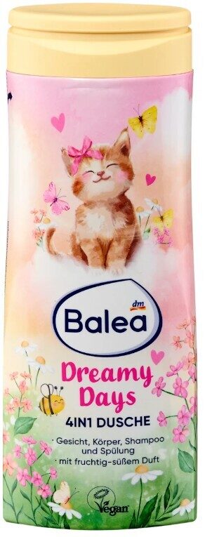 Balea bērnu dušas želeja, sejai, šampūns un kondicionieris 4n1 Dreamy Days, 300 ml, vegāns