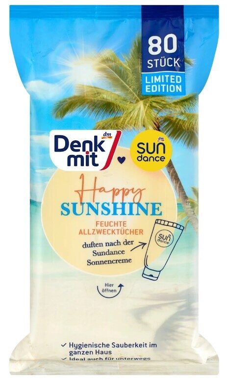 Denkmit mitrās universālās tīrīšanas salvetes Happy Sunshine ar sauļošanās krēma aromātu, 80 gb