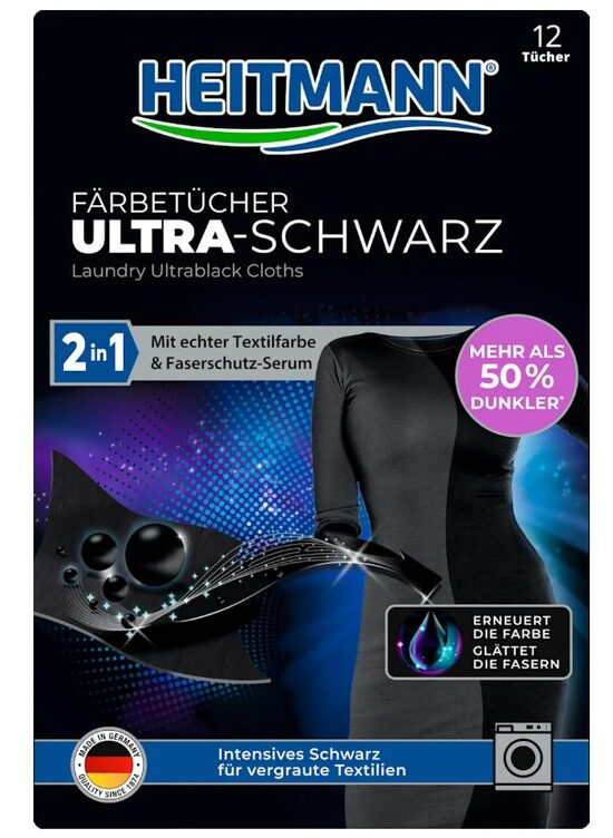 Heitmann Ultra Schwarz veļas lupatiņas 2in1, atjauno izbalējušo melno tekstilizstrādājumu intensitāti, 12 gab