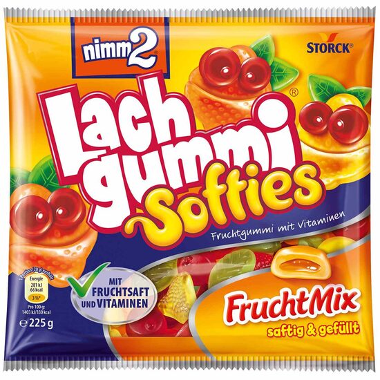 nimm2 Lachgummi pildītas želejkonfektes Softies ar augļu sulu un vitamīniem, 225 g.