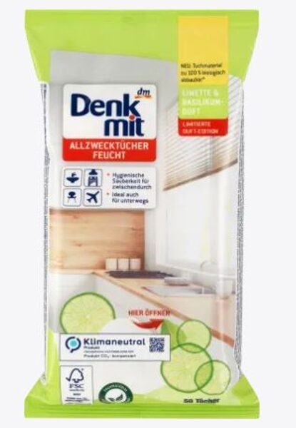 Denkmit universālās mitrās salvetes tīrīšanai ar laima & bazilika smaržu, 50 gab