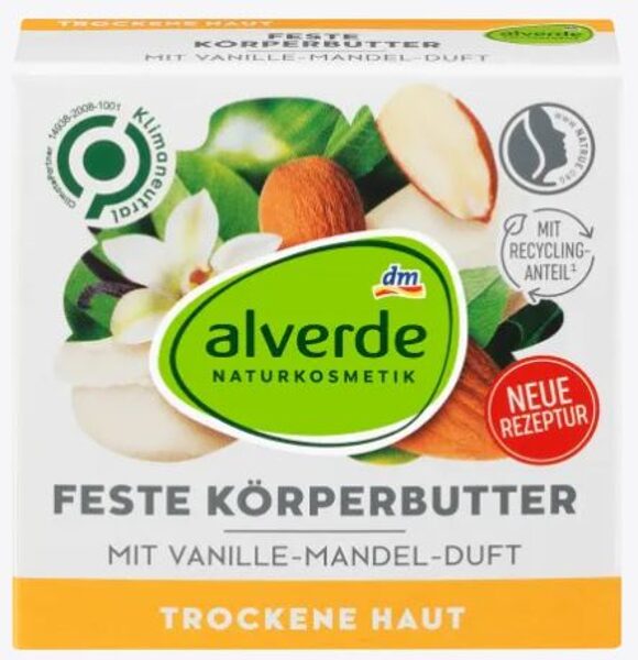 alverde dabas kosmētika cietais ķermeņa sviests ar vaniļu - mandeļu smaržu, 40 g