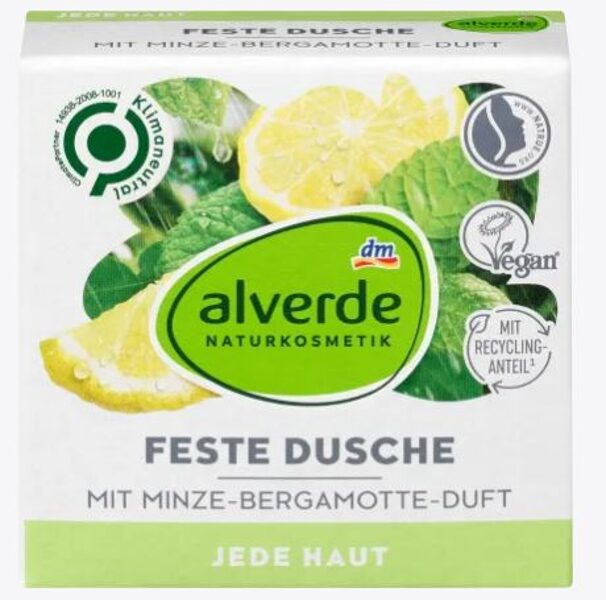 alverde dabas kosmētika cietās dušas ziepes ar mētru-bergamota smaržu, 60 g