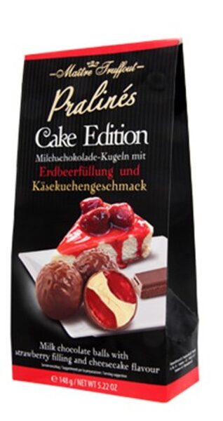 Maitre Truffout Pralines Cake edition, šokolādes konfektes ar zemeņu un siera kūkas garšas krēma pildījumu, 148 g