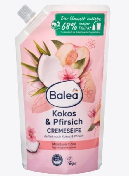 Balea krēmveida roku ziepes ar persiku un kokosa riekstu aromātu, atkārtotai uzpildīšanai, 500 ml