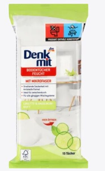 Denkmit mitrās grīdas lupatas ar laima & bazilika smaržu, 15 gab