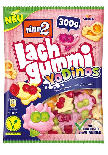 nimm2 Lachgummi, Yodinosi, želejkonfektes, 300 g, ar augļu sulu un vitamīniem, veģetāras