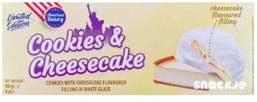 American Bakery Cookies&Cheesecake, cepumi pildīti ar siera kūkas garšas krēmu, pārklāti ar glazūru, 96g