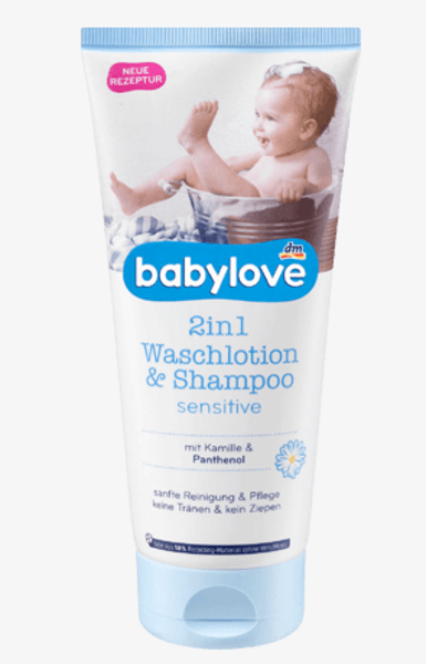 Babylove 2in1 mazgāšanas losjons un šampūns ar kumelītēm un pantenolu, 200 ml, vegāns