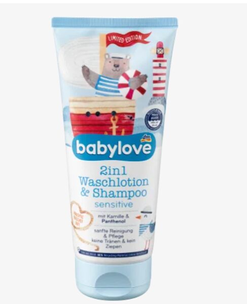 Babylove 2in1 mazgāšanas losjons un šampūns ar kumelītēm un pantenolu, 200 ml, vegāns