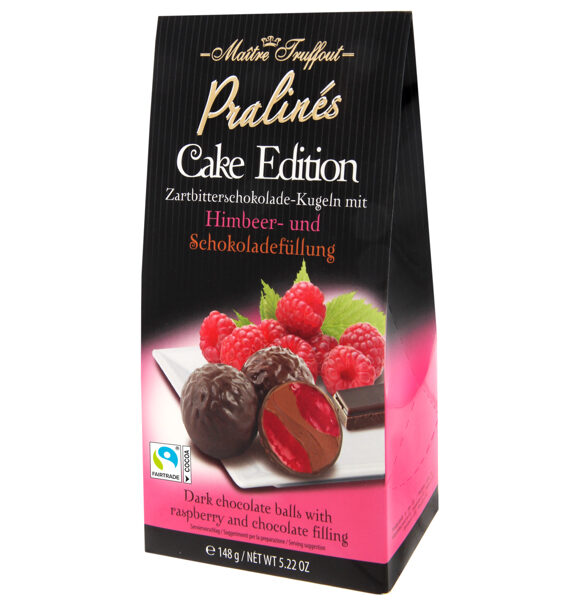 Maitre Truffout Pralines Cake edition, šokolādes konfektes ar aveņu un šokolādes krēma pildījumu, 148 g