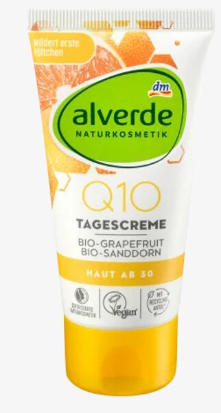 Alverde dabas kosmētika dienas pretgrumu krēms sejai Q10, ar bio greipfrutu un smiltsērķšu ekstraktu, 50ml