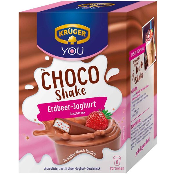 Krueger Choco Shake, šokolādes pulvera dzēriens ar zemēņu un jogurta garšu, 8 porcijas