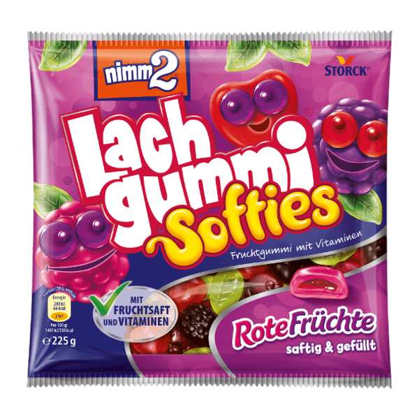 nimm2 Lachgummi pildītas želejkonfektes Softies sarkanie augļi un ogas ar augļu sulu un vitamīniem, 225 g