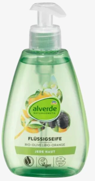 alverde dabas kosmētikas šķidrās rokas ziepes ar Bio olīvām un Bio apelsīniem, 300 ml, vegāns